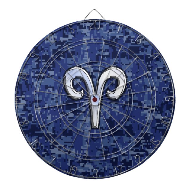 Aries Zodiac Sign on Navy Blue Digital Camo Decor Dartboard (Front)
