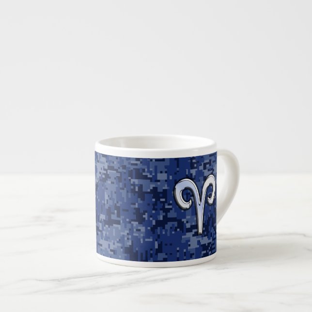 Aries Zodiac Sign on Navy Blue Digital Camo Decor Espresso Cup (Front Right)