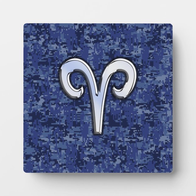 Aries Zodiac Sign on Navy Blue Digital Camo Decor Plaque (Front)