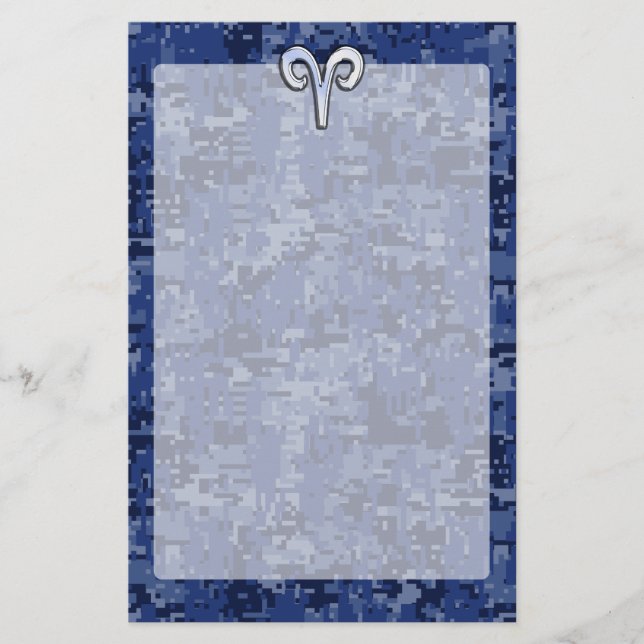 Aries Zodiac Sign on Navy Blue Digital Camo Decor Stationery (Front)