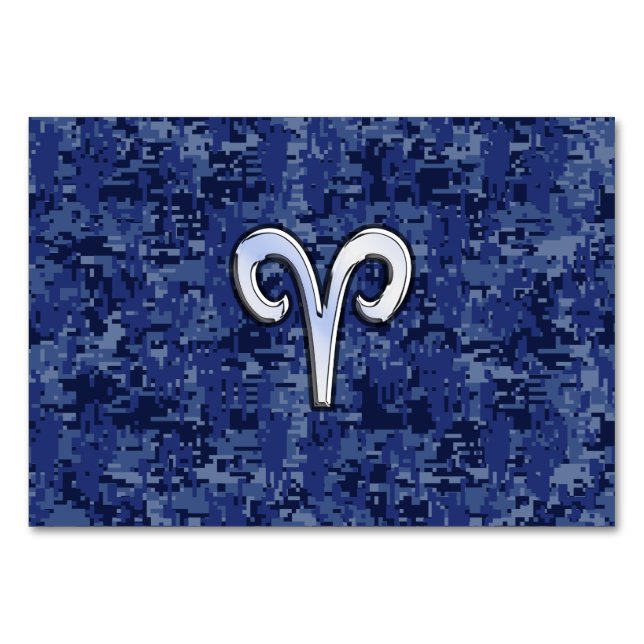 Aries Zodiac Sign on Navy Blue Digital Camo Table Number (Front)
