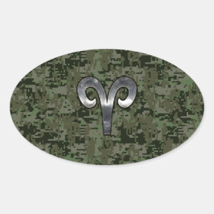 Aries Zodiac Sign on Woodland Green Digital Camo Oval Sticker