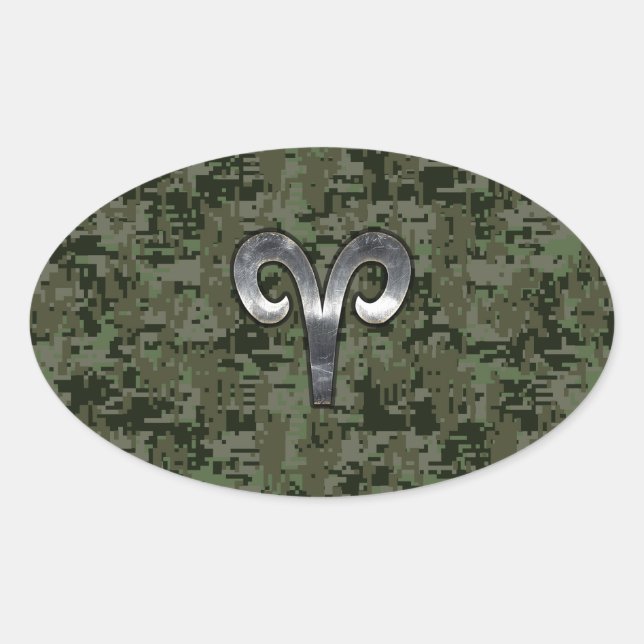 Aries Zodiac Sign on Woodland Green Digital Camo Oval Sticker (Front)