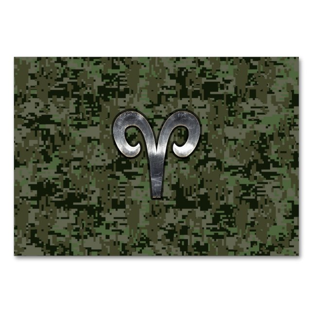 Aries Zodiac Sign on Woodland Green Digital Camo Table Number (Front)
