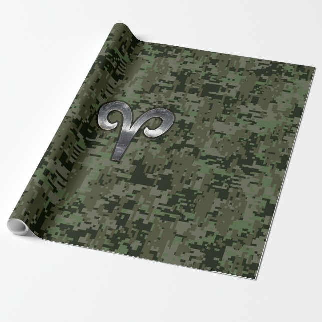 Aries Zodiac Sign on Woodland Green Digital Camo Wrapping Paper (Unrolled)