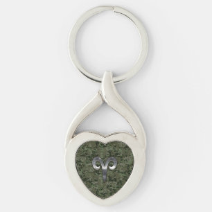 Aries Zodiac Sign on Woodland Style Digital Camo Key Ring