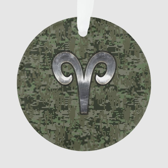 Aries Zodiac Sign on Woodland Style Digital Camo Ornament (Front)