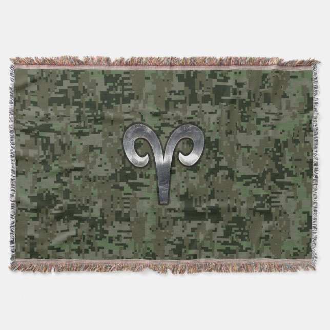 Aries Zodiac Sign on Woodland Style Digital Camo Throw Blanket (Front)