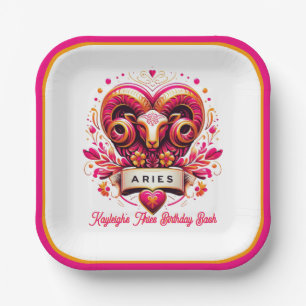 Aries Zodiac Sign Pink and Orange Ram Birthday Paper Plate