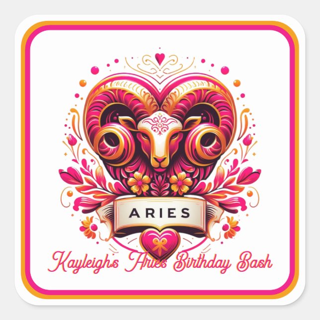 Aries Zodiac Sign Pink and Orange Ram Birthday Square Sticker (Front)