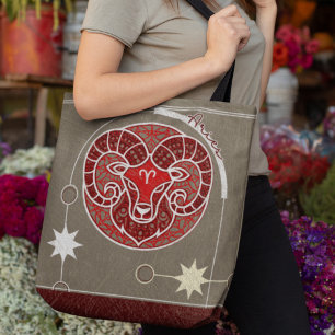 Aries Zodiac Sign Red White Grey Mandala Tote Bag