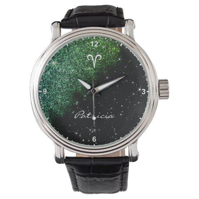 Aries Zodiac Sign Teal Green Glitter Stars Name Watch (Front)