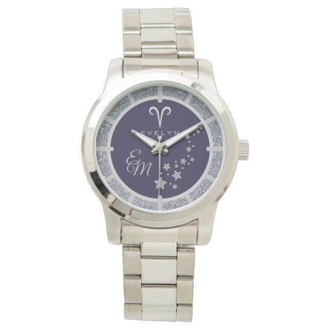  Aries Zodiac Silver Glitter Dark Blue Monogrammed Watch (Front)