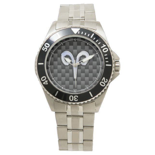 Aries Zodiac Symbol Black Carbon Fibre Decor Watch (Front)