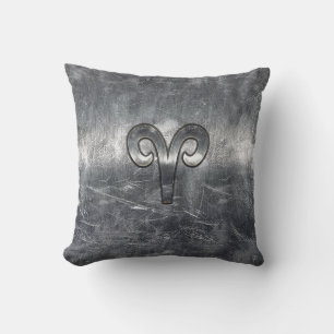 Aries Zodiac Symbol in Silver Distressed Style Cushion