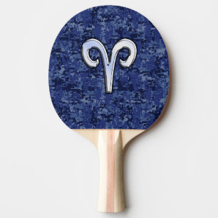 Aries Zodiac Symbol on Navy Blue Digital Camo Ping Pong Paddle