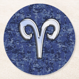 Aries Zodiac Symbol on Navy Blue Digital Camo Round Paper Coaster