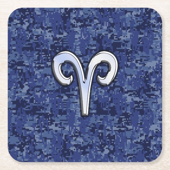Aries Zodiac Symbol on Navy Blue Digital Camo Square Paper Coaster (Front)
