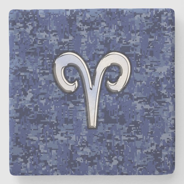 Aries Zodiac Symbol on Navy Blue Digital Camo Stone Coaster (Front)