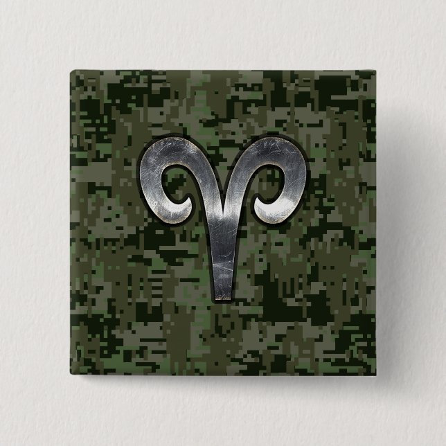 Aries Zodiac Symbol Woodland Digital Camouflage 15 Cm Square Badge (Front)
