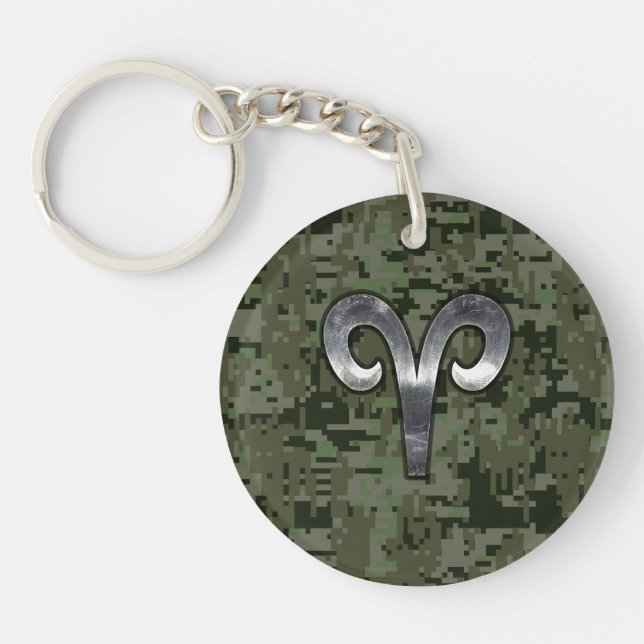 Aries Zodiac Symbol Woodland Digital Camouflage Key Ring (Front)
