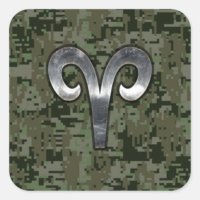 Aries Zodiac Symbol Woodland Digital Camouflage Square Sticker (Front)