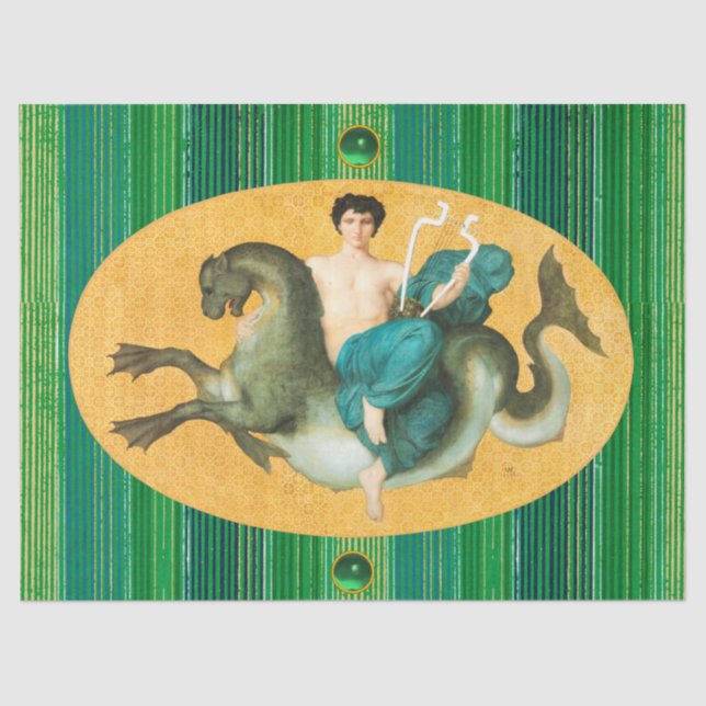 ARION ON A SEA HORSE HOLDING A LYRA Green Stripes Tissue Paper (Front)