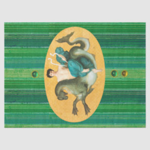 ARION ON A SEA HORSE HOLDING A LYRA Green Stripes  Tissue Paper