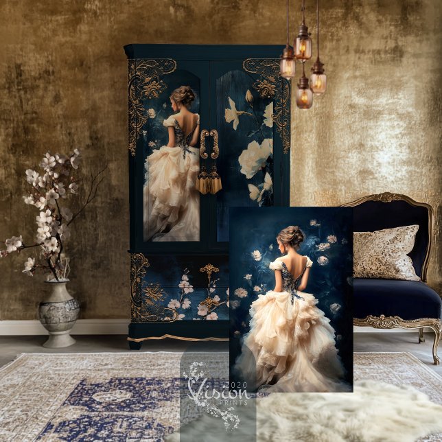 Aristocrat Lady Elegant Portrait Navy Blue Tissue Paper (Aristocrat Elegant Lady standing & bouffant dress Portrait & ethereal floral decoupage tissue paper.)