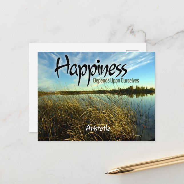 Aristotle Inspirational Quote "Happiness" Postcard (Front/Back In Situ)