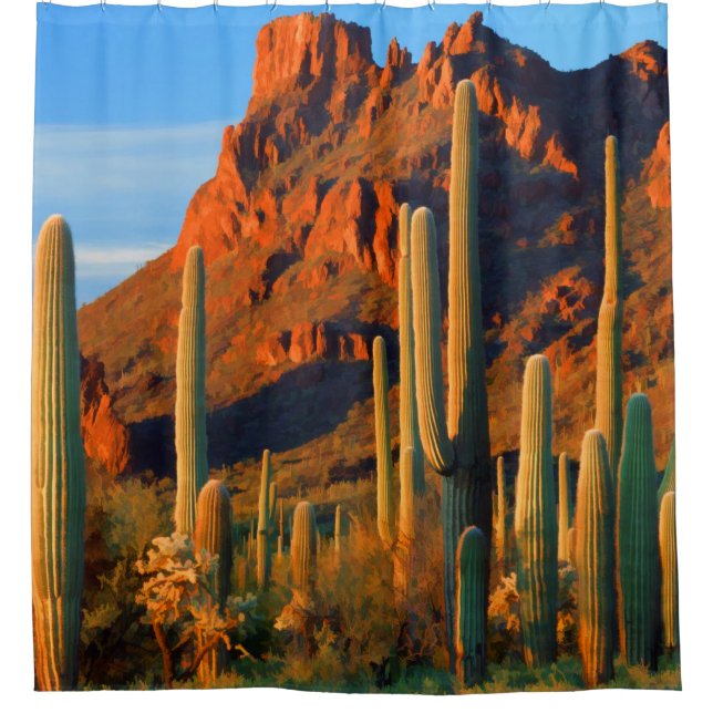 Arizon Desert Saguaro Cactus and Mountains Shower Curtain (Front)