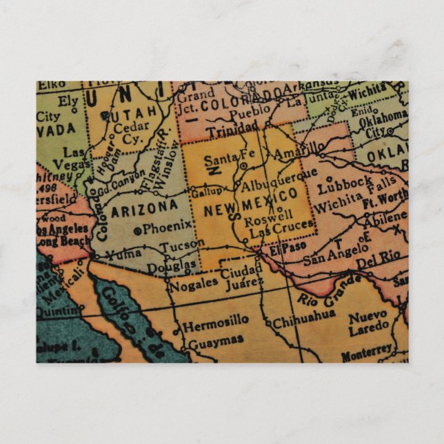 Arizona and New Mexico map Postcard (Front)