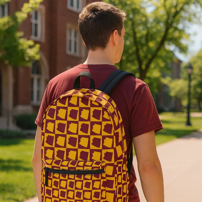 Arizona Checkerboard Maroon and Gold Pattern Printed Backpack (A backpack with a maroon and gold pattern featuring the US state of Arizona.)