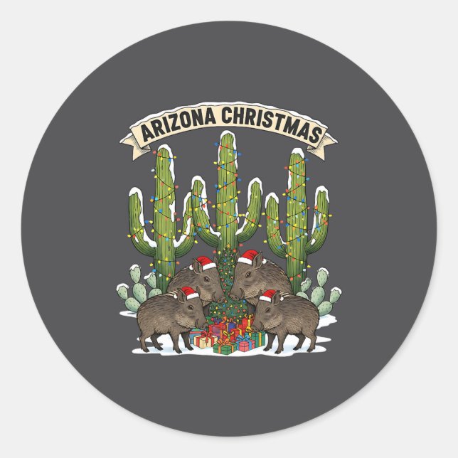 Arizona Christmas Javelina Family Desert Saguaros  Classic Round Sticker (Front)