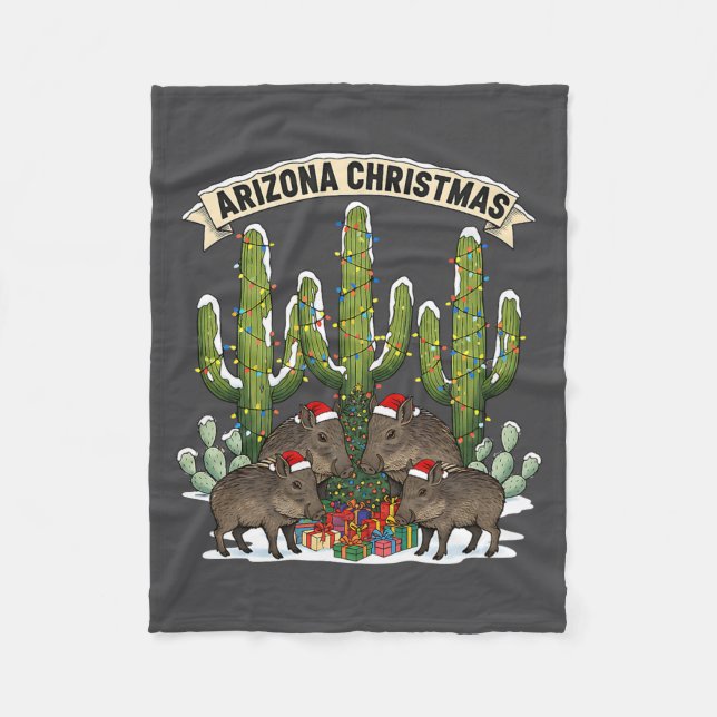 Arizona Christmas Javelina Family Desert Saguaros  Fleece Blanket (Front)