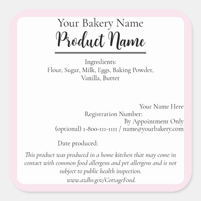 Arizona Cottage Food Business Pink Baking Label (Front)