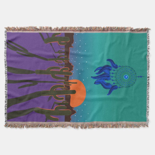 Arizona Desert at Night with Blue Dream Catcher Throw Blanket (Front)