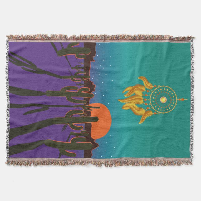 Arizona Desert at Night with Gold Dream Catcher Throw Blanket (Front)