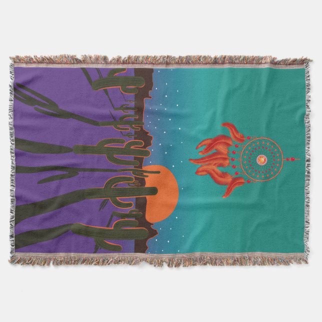 Arizona Desert at Night with Orange Dream Catcher Throw Blanket (Front)