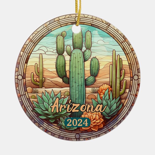 Arizona Desert Cactus Faux Stained Glass  Ceramic Tree Decoration (Front)