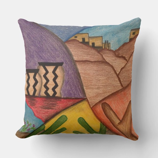 Arizona Desert Folk Art Southwest Throw Pillow (Front)
