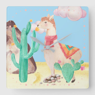 Arizona Desert LIama Cactus Flowers Nature Square Wall Clock