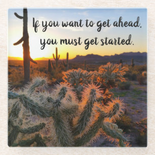 Arizona Desert Sunset Cactus Inspirational Saying Glass Coaster
