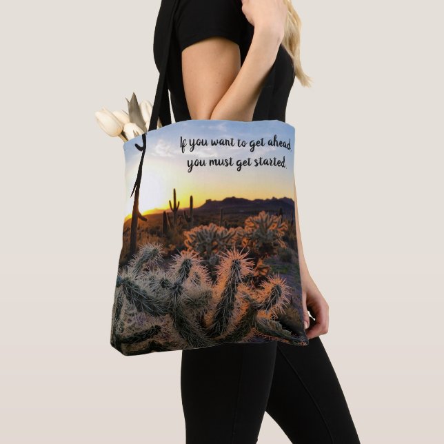 Arizona Desert Sunset Cactus Inspirational Saying Tote Bag (Close Up)