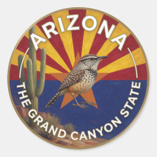 🌵 Arizona Flag and Cactus Wren Southwestern Herit Classic Round Sticker