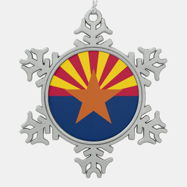 Arizona Flag: Setting Star Sun, The Copper State Snowflake Pewter Christmas Ornament (Front)