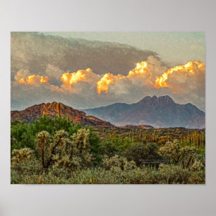 Arizona Four Peaks Mountain Colourful Clouds Sunse Poster