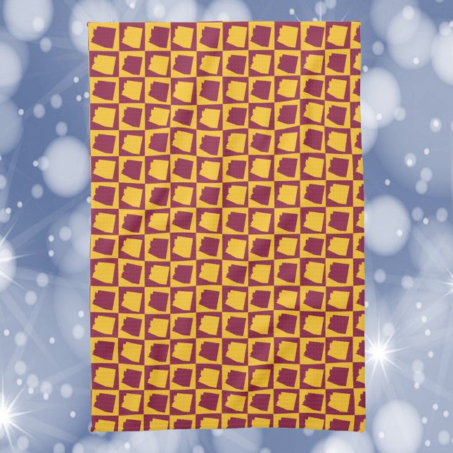 Arizona Geometric Maroon and Gold Pattern Tea Towel (A kitchen towel with a maroon and gold pattern featuring the US state of Arizona)