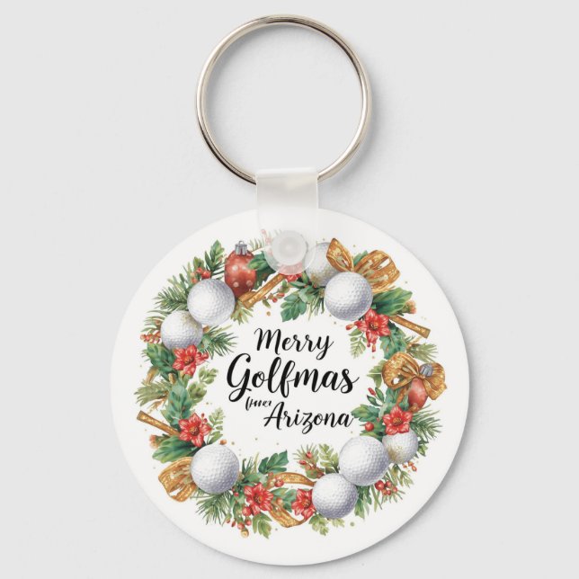 Arizona Golf Christmas Greeting with Golf Wreath  Key Ring (Front)
