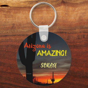"Arizona is Amazing!" Sunset Sonoran Desert Cactus Key Ring